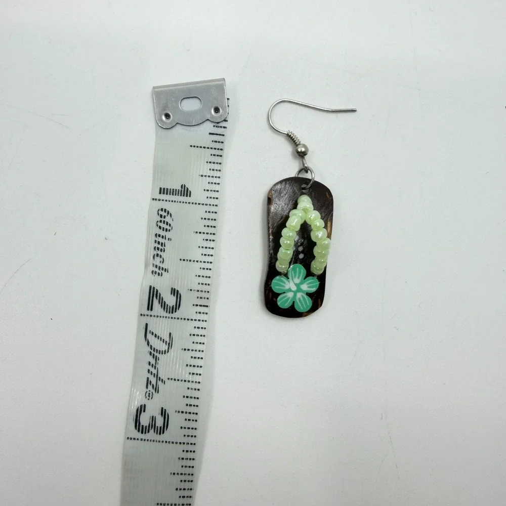 Earrings Flip Flop Dangle Brown Coconut Shell Green Beaded Flower Boho Tropical
